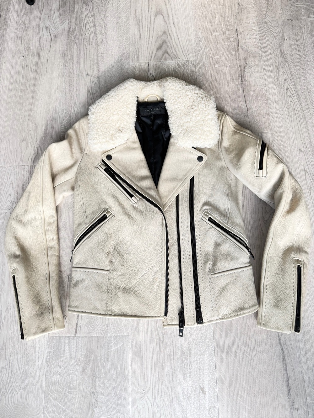 rag & bone Cream Sherpa-Trim Leather Moto Jacket Minerva